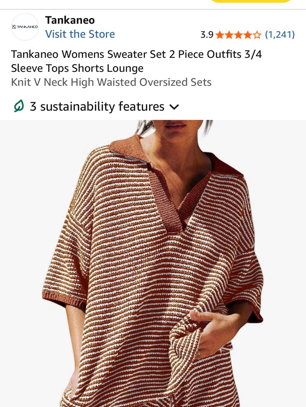Amazon Women's Striped V-Neck Short Sleeve Set in Brown and Cream